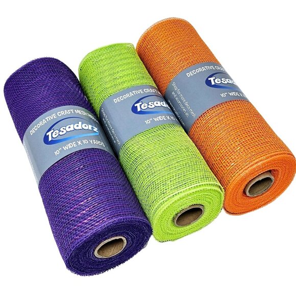 Tesadorz 10" Metallic Deco Mesh Ribbon Rolls - Orange, Purple, Lime Green - Picture 5 of 6
